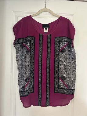 Cynthia Rowley Magenta and Black Patterned Short-Sleeve Blouse
